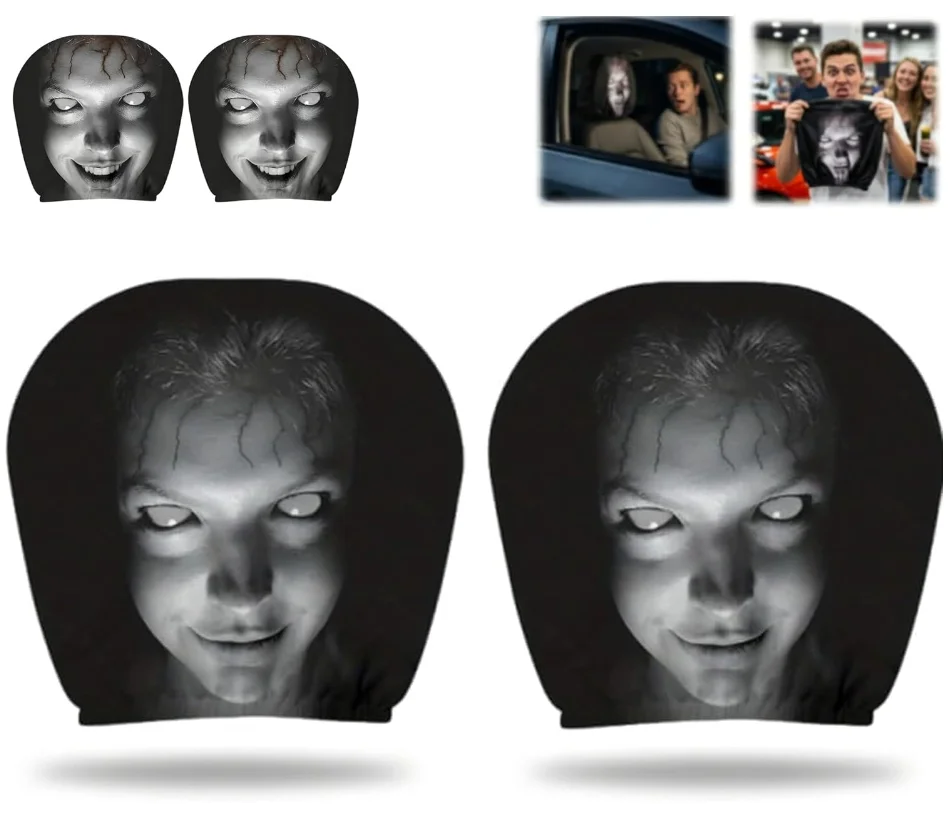 Halloween Car Headrest Cover, Scary Face Printing Car Seat Headrest Cover, Funny Face Masque Head Rest Protector for Sedan SUV