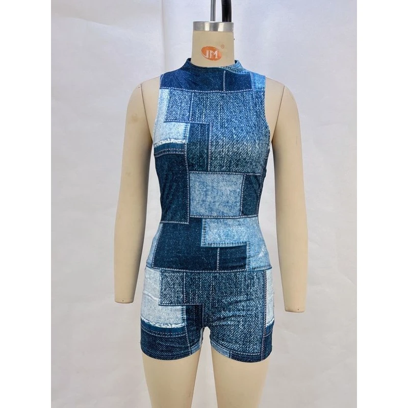 Combinaison en jean décontractée, imprimé Svel, taille cintrée, levage des hanches, jambe droite, Polyester fin, longueur cinq-quarts