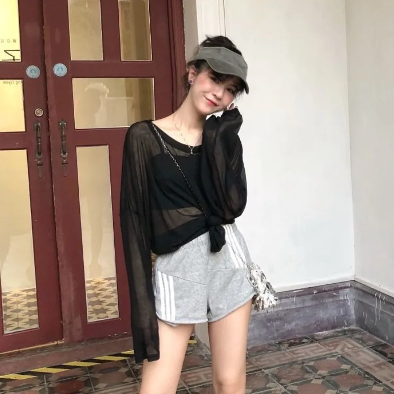 Long Sleeve Sheer T-shirts Women Sunscreen Comfortable Casual Tees High Street Korean Stylish Solid Transparent Simple All-match