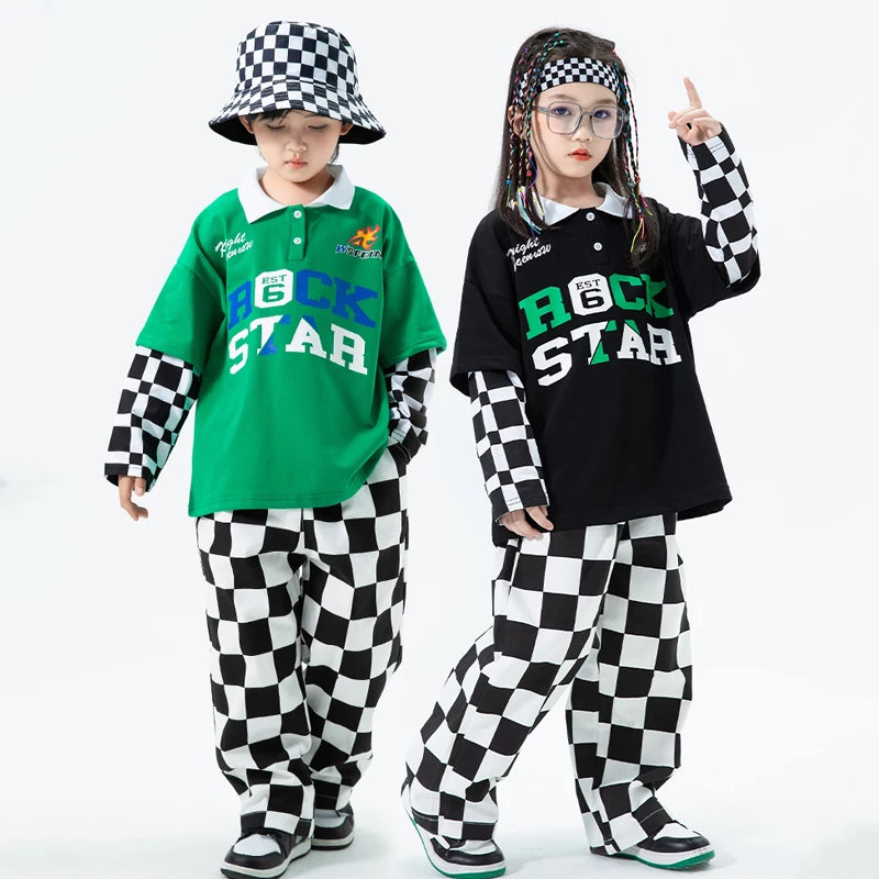 Nuovi costumi di danza Jazz per ragazze camicie larghe Plaid pantaloni Hiphop abiti ragazzi sala da ballo Hip Hop Performance Wear DQS11514