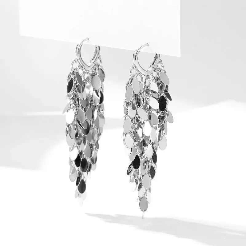 FXLRY Creative Design Exaggerated Long Metallic Sequin Tassel Earrings For Women Wedding Jewelry