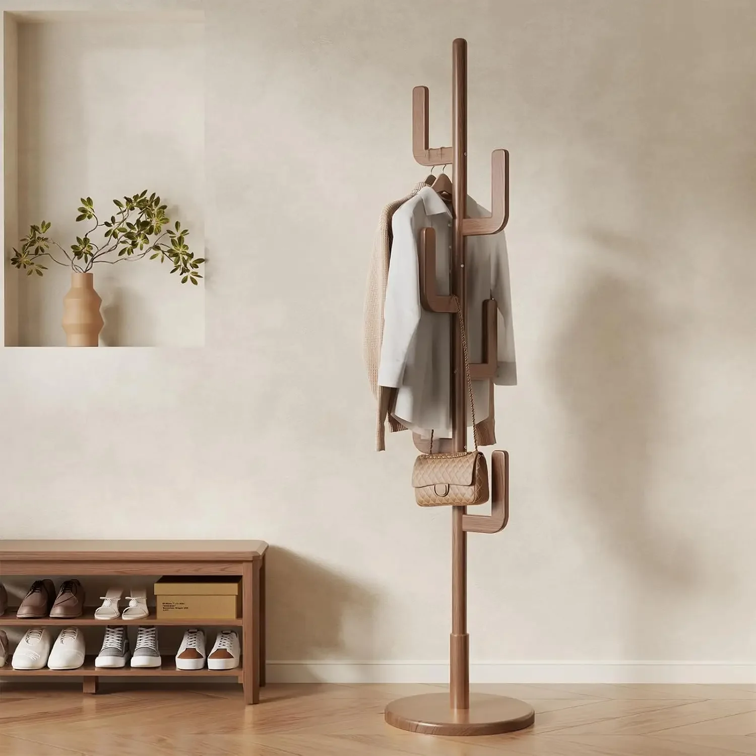 Coat Rack, Solid Wood Cactus Coat Rack Stand, Freestanding Coat Rack with 6 L-shaped Hooks and 3 Adjustable Sizes