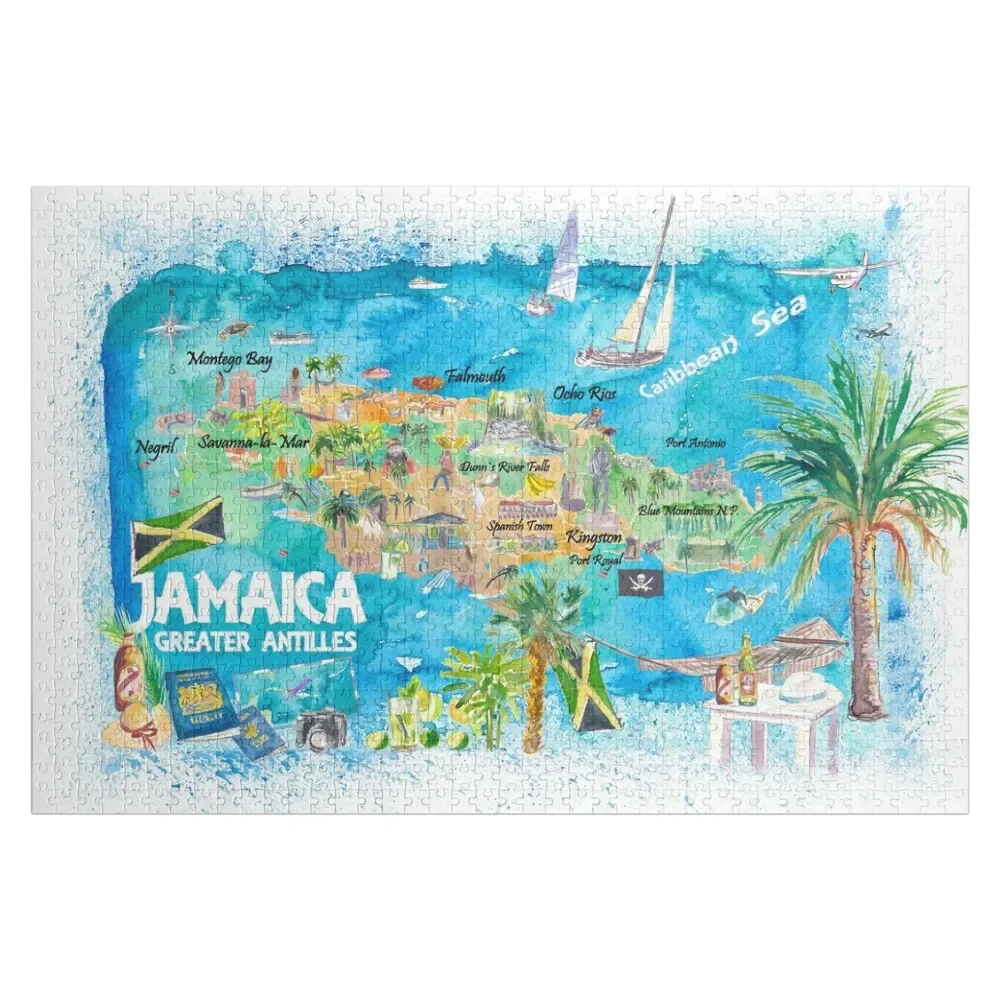 

Jamaica Illustrated Travel Map with Roads and Highlights Jigsaw Puzzle Personalised Jigsaw Jigsaw Custom Wooden Name Puzzle