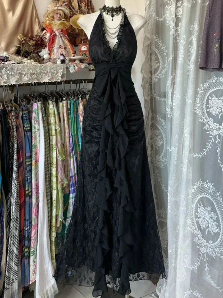 Vintage Y2K Gothic Neckholder V-Ausschnitt ärmelloses Kleid Französisch Retro elegant schlank Abend Party Kleid Harajuku Subkultur Y2K Ästhetik