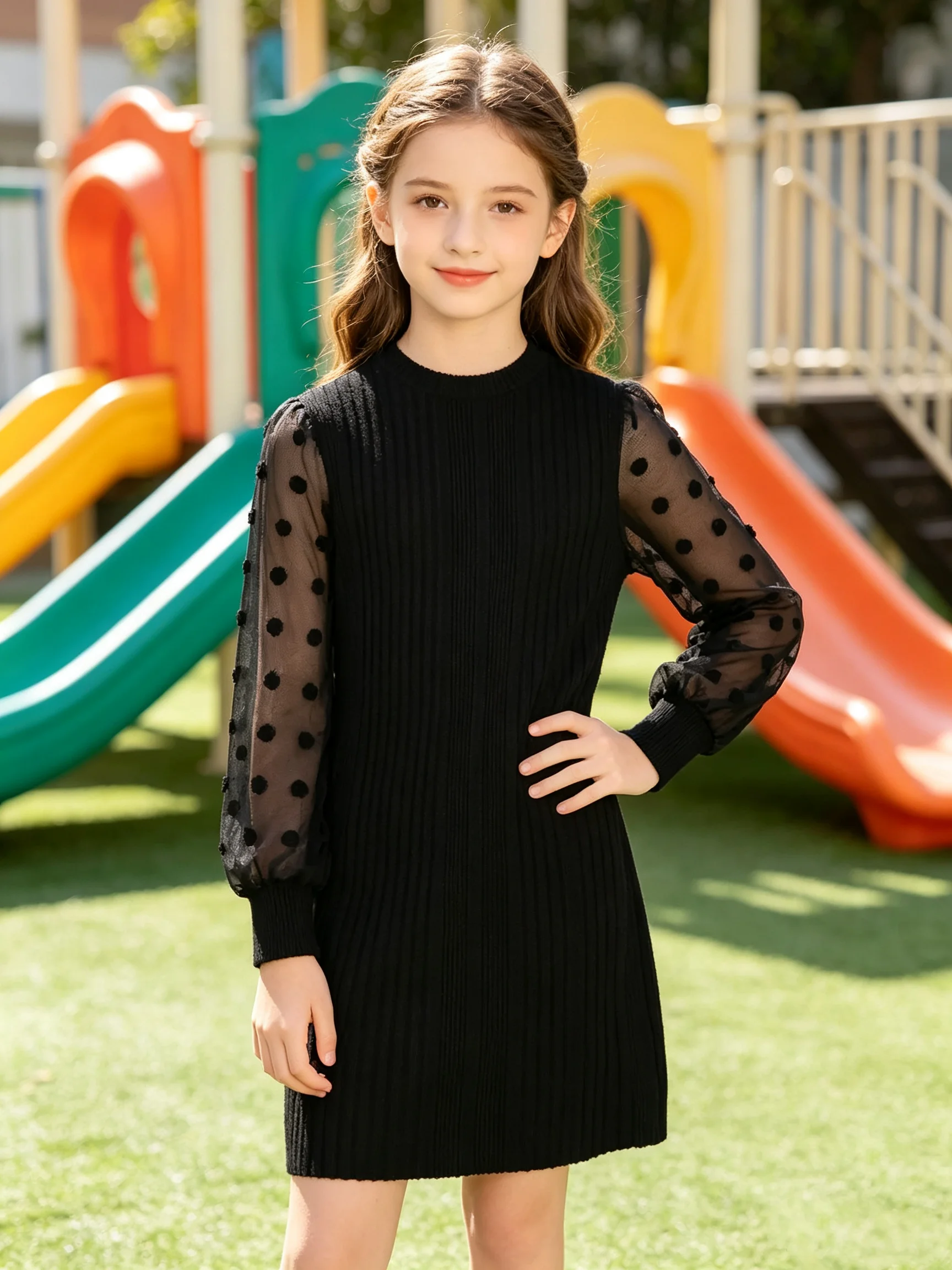 Children's Autumn Winter Long Sleeve Dress round Neck Solid Color Polka Dot mid Length Skirt for Girls