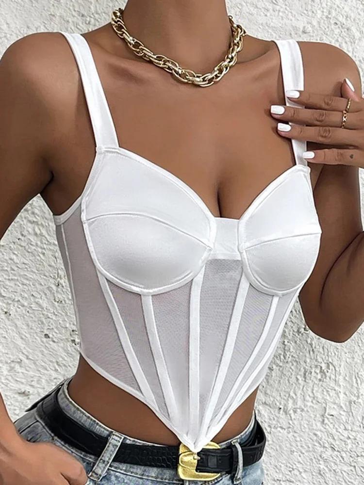 Mesh Corset Crop Top Women Summer 2022 Sexy Off Shoulder Tank Top See Through Party Evening Pulovers Camis White Clothes Gothic