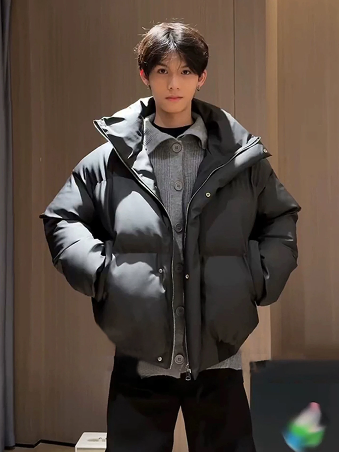 

American Sle Thiened PU Leather down Cotton Jaet Men's Winter Coat High Collar Bread Sle Outerwear Soft Comfortable