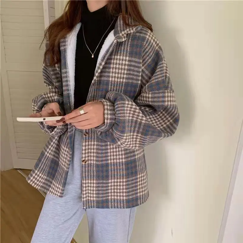 Velvet Thickening Outer Wear Warm Peplum Shirt Women Korean Plaid  Autumn Winter New Fashion 2023 Pocket Top