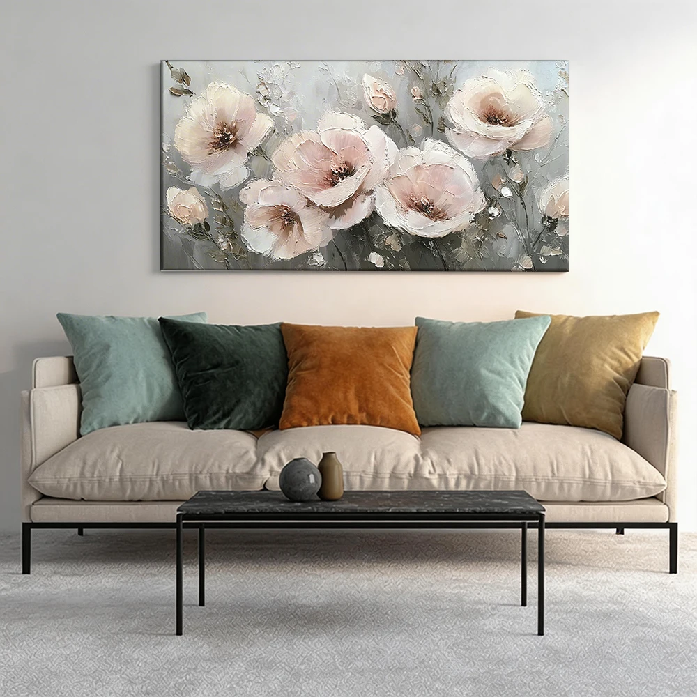 

Large-sized solid wood frame canvas painting 1pc Oil-painted flower artwork, soft tones.