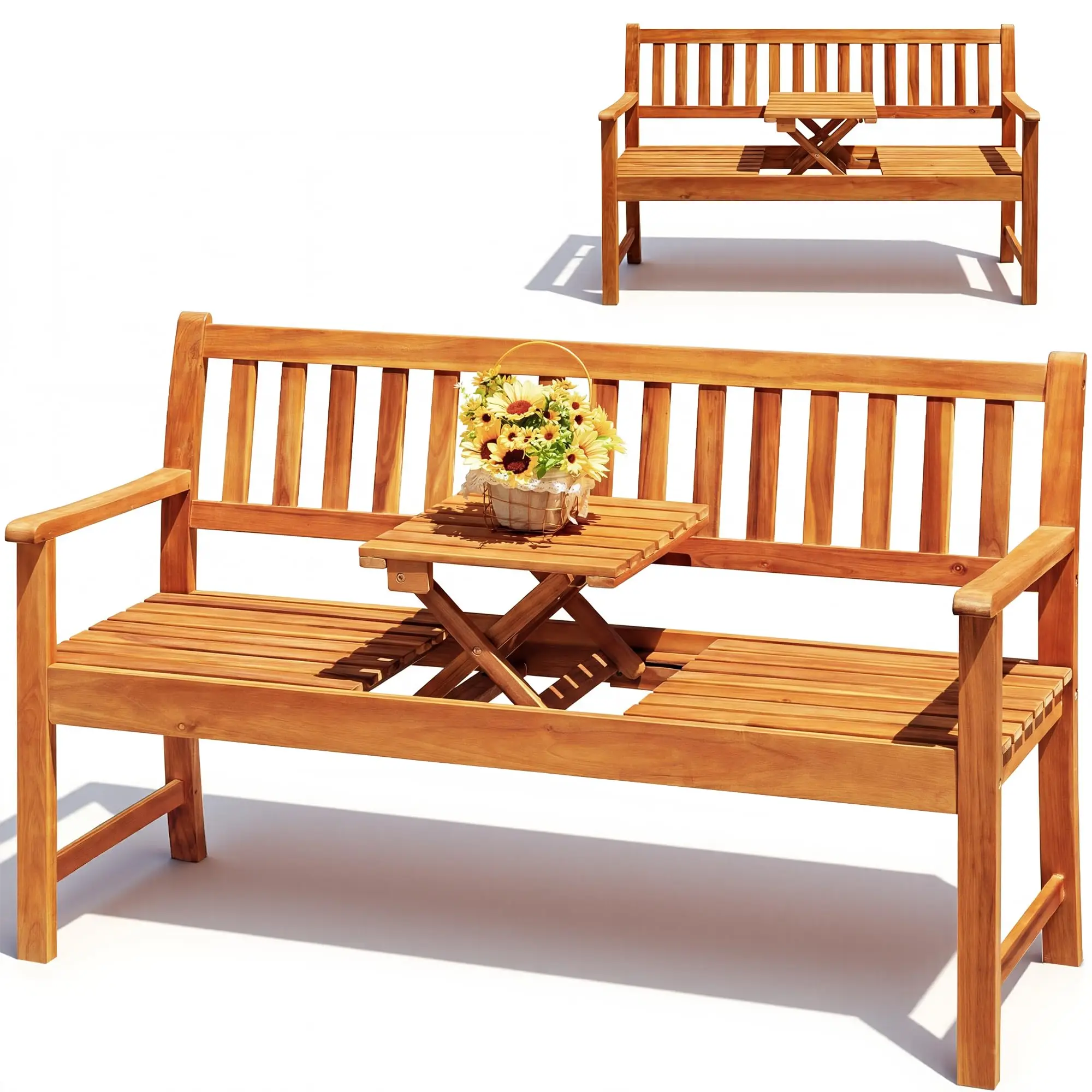 Outdoor Bench with Pull-Up Table, Acacia Wood 2-Person Loveseats