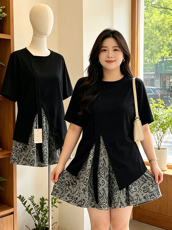 

plus Size Summer Outfit Korean Style Slimming High Waist Floral Shorts Two Piece Set Short Sleeve T-Shirt Asymmetrical Design