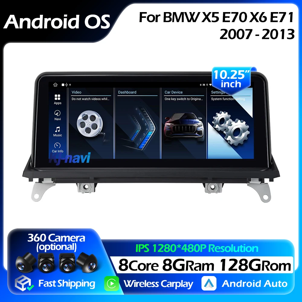 

10.25 inch Wireless Carplay Auto Android 14 For BMW X5 E70 X6 E71 2007-2013 CCC CIC System Navigation 4G Radio Player GPS BT