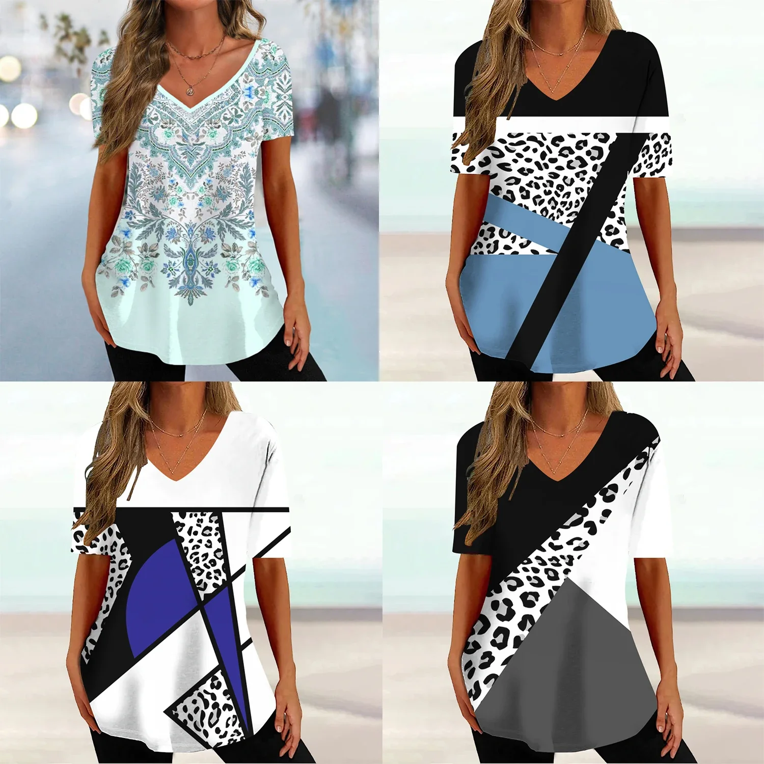 

Women T-shirt Summer Striped Printed Gradient Clothing V-neck Short Sleeved Street Clothing Fashionable Plus Size Girl T-shirt