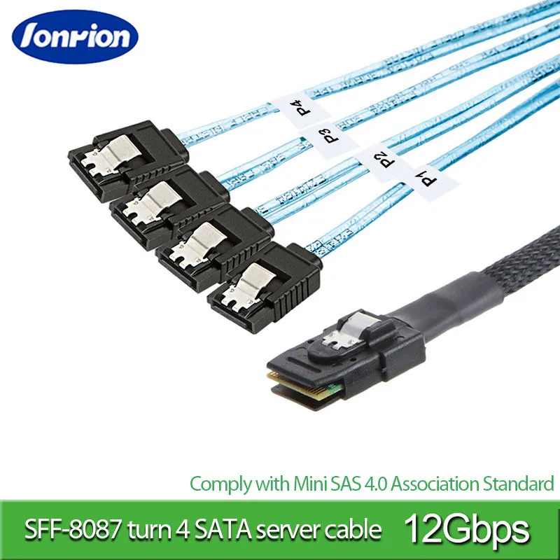 SAS SATA 케이블 미니 SAS SFF-8087 to 4 SATA 케이블, 미니 SAS 4i SFF8087, 36P to 4 SATA 7P 케이블, 12Gbps, 1/0 M 하드 드라이브 데이터