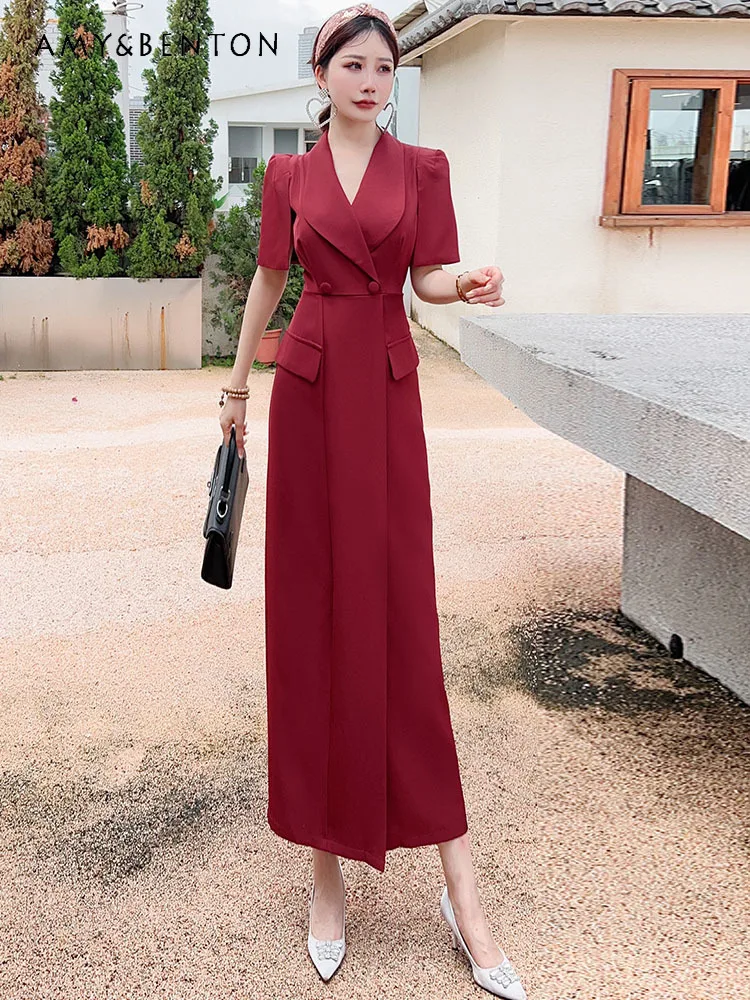 

Commute Style Temperament Business Suit Dress for Women Summer High Sense Fashion Polo Collar Short Sleeve Midi A-line Dresses