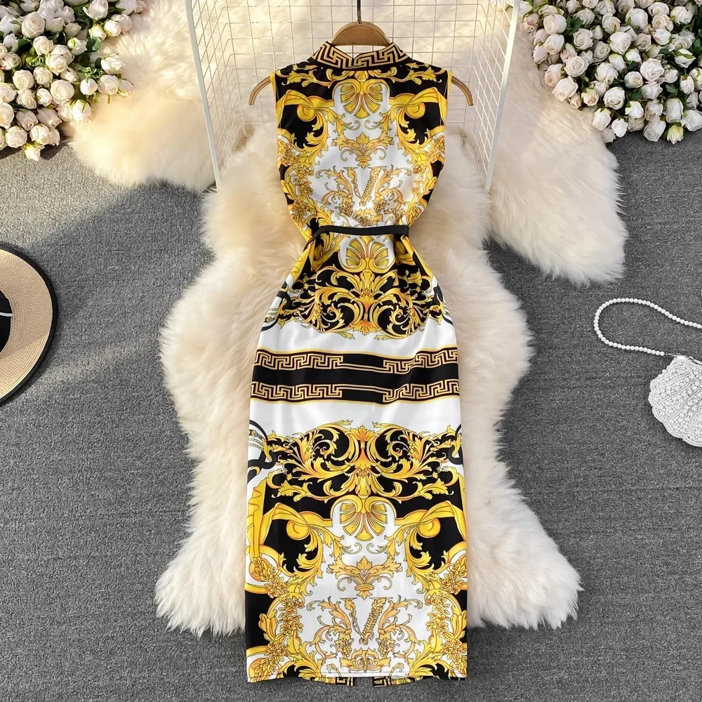 Neploe Casual Turn-down Collar Sleeveless Print Mujer Belt Slim Fit Vent Vintage Women Robe Mid-length Korea Temperament Dresses