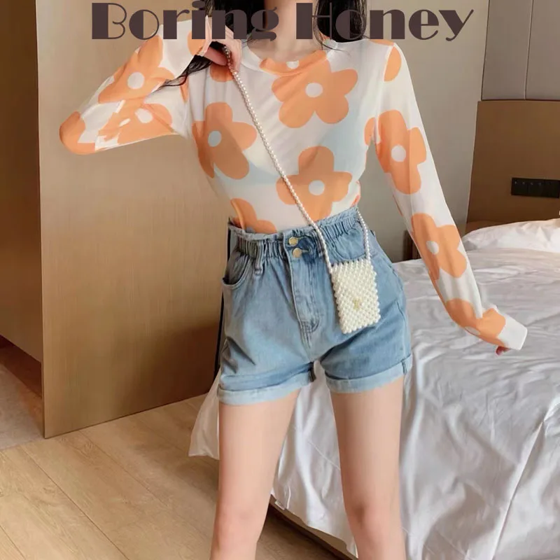 Boring Honey Grenadine Base Shirt Tops Women Long Sleeves T-Shirt Sun-Proof Clothes Flower Tops Women's Clothes For Summer