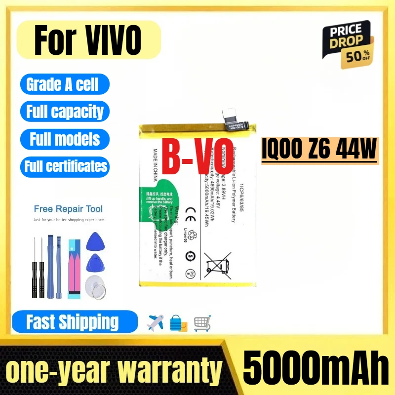 

B-V0 for VIVO IQOO Z6 44W Mobile Phone Battery 0 Cycle High Quality High Capacity Replacement Bateria Grade A Cell with Tools