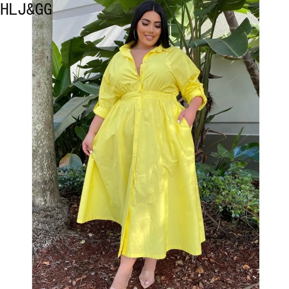 

HLJ&GG Plus Size Casual Solid Color Loose Pocket A-line Dresses Women Turndown Collar Long Sleeve Button Vestidos Female Clothes