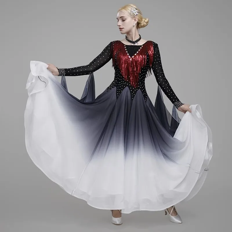 Robe de danse de salon à paillettes pour femmes, robe de valse de compétition, frange Standard nationale, vêtements de danse modernes à manches longues