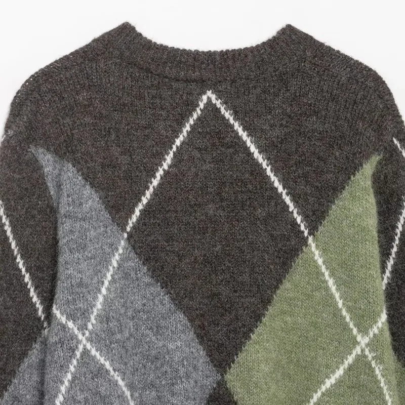 Suéter de punto con patrón de diamante para mujer, jersey informal de moda con cuello en V, suéteres Retro y elegantes para mujer