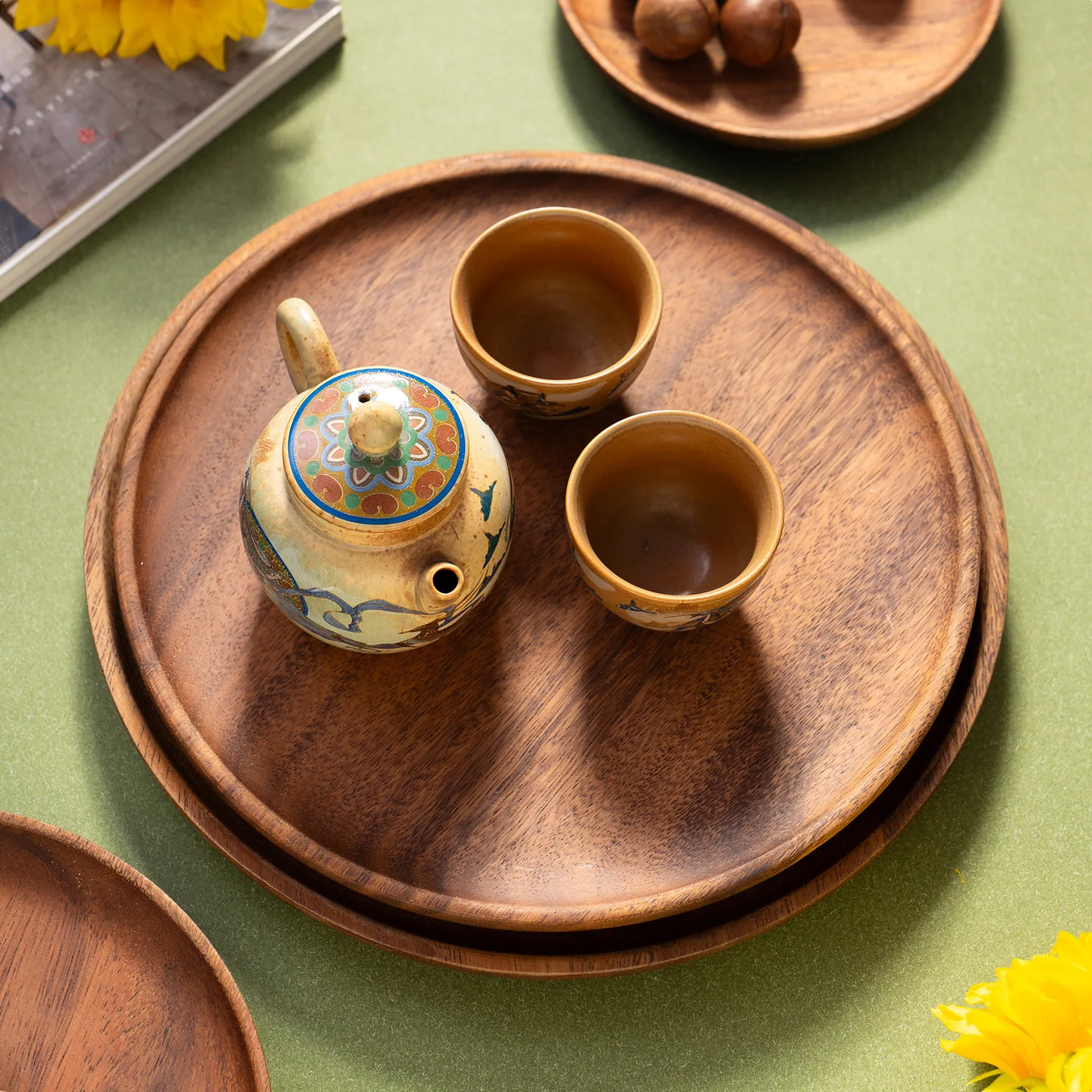 2026 10-24cm Japanese Acacia Wood Round Tray Fruit Plate Solid Wood Plate Restaurant Home Accessories Decorative Cake Plate Hot