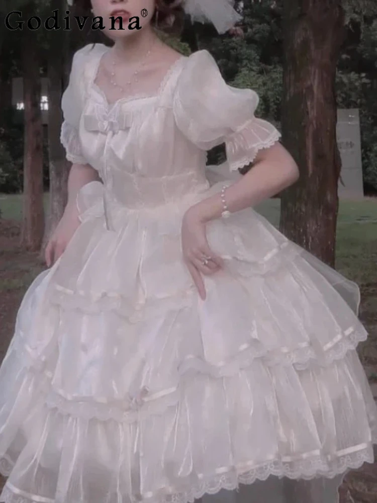 

Elegant Short Sleeve French Ruffles Square Collar Lolita Dress Spring Summer Fashion High-waisted A-line Fairy Cake Dresses