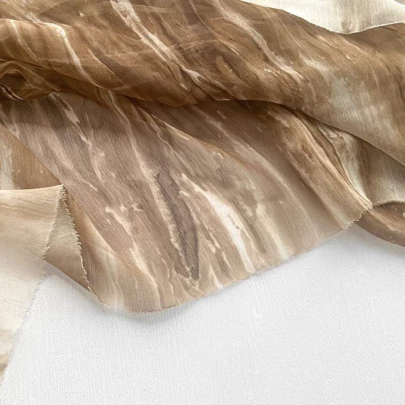 Brown Gradient Lightweight Chiffon Synthetic Silk Fabric Retro Watermark Tie Dye Shirt Dress Clothing Designer Fabric