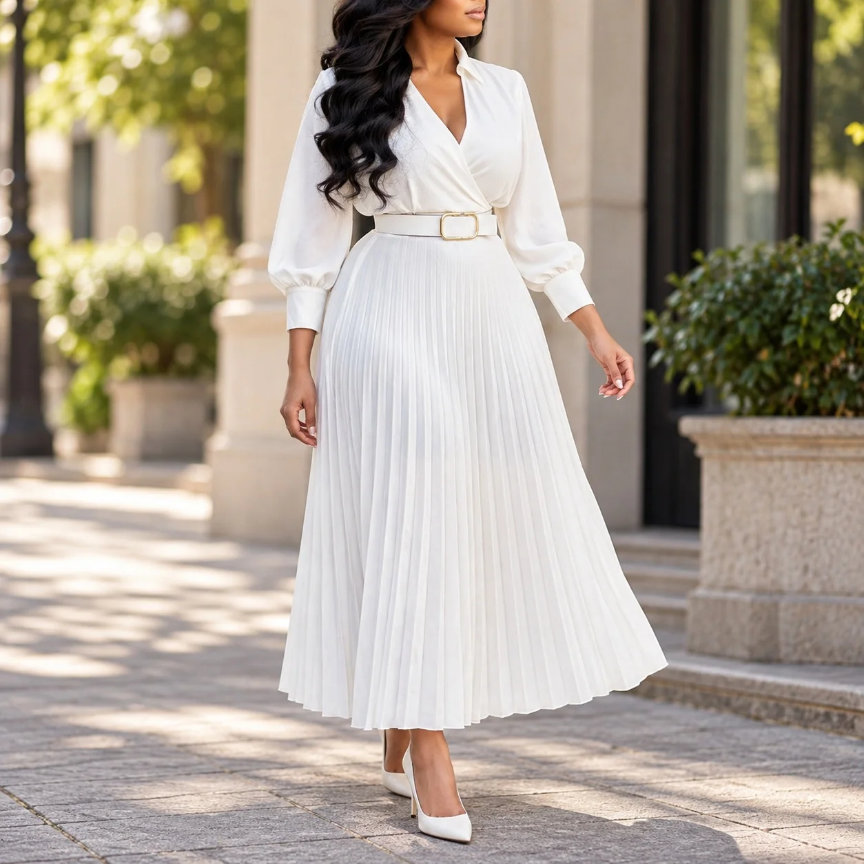 Pullover Single Dress High Waist Refined Commuter with Mid Length Waist Cinching Zipper Closure Midi Length Dresses for Women