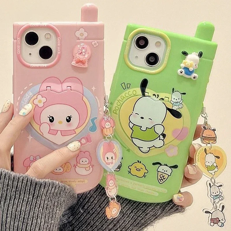 Sanrios mirror Phone Case for Iphone 15 14 13 12 11 Pro Max HelloKittys mymelody Pochacco Lanyard Bracelet Korean Back Cover