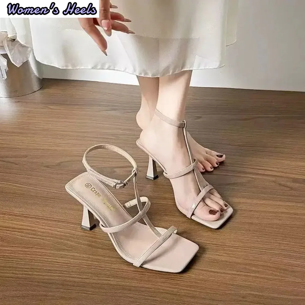French Elegant Square Toe Thin Heel Slide Sandals Women Spring Summer New Adjustable Strap High Heel Outdoor Wearable