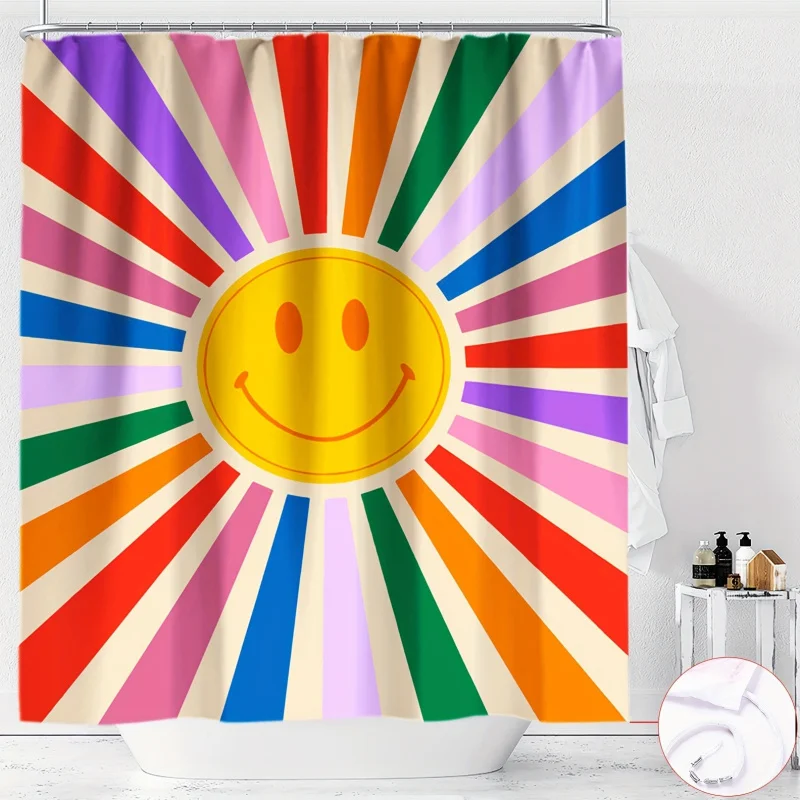 YWJHUI Rainbow Smile Cartoon Digital Print Shower Curtain, Water-Resistant Polyester Bathroom Decor with Hooks, Machine Washable