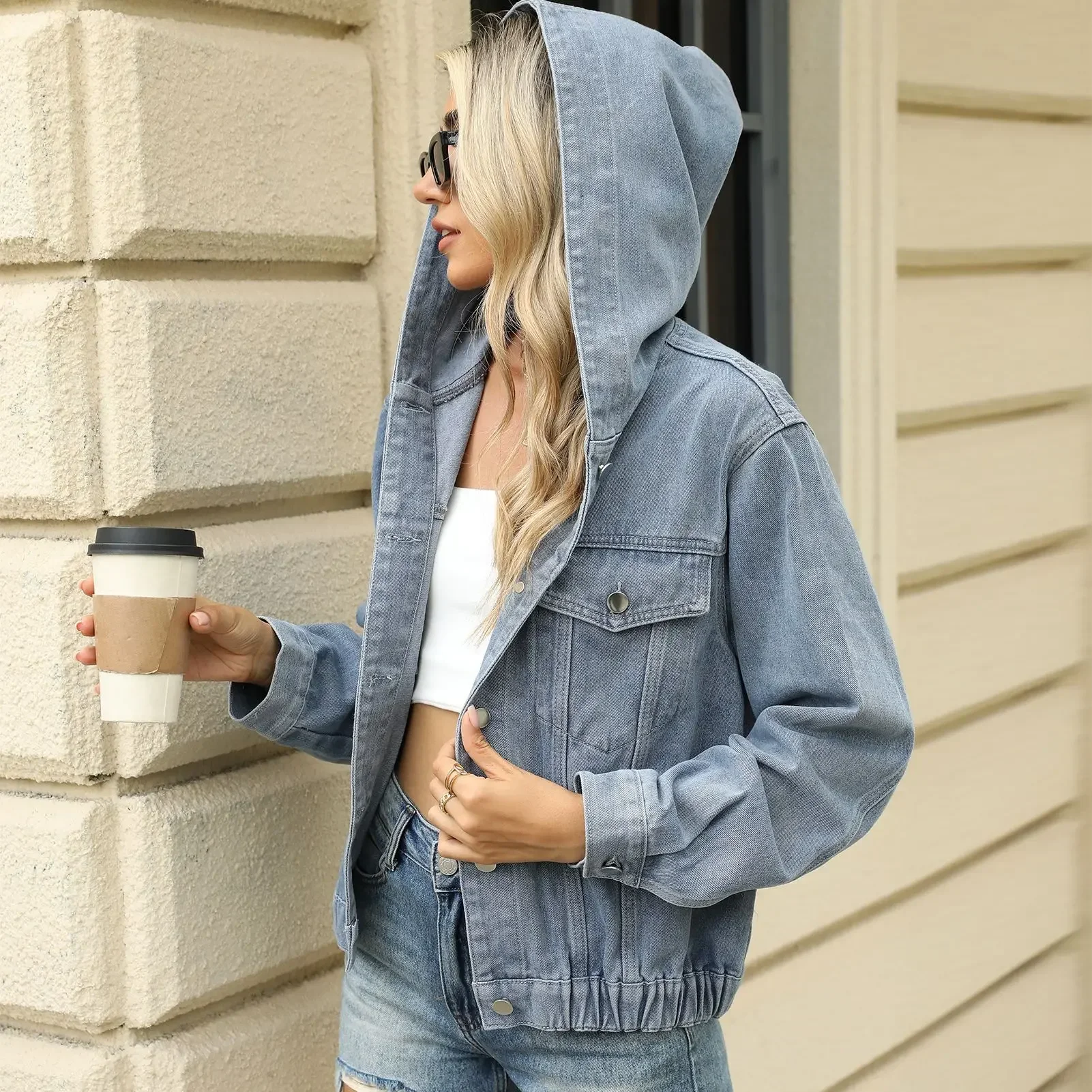 

Women Denim Jacket Hooded Coat Single Breasted Turn Down Collar Pockets Washed Overcoat Female Vintage Outerwear Streetwear