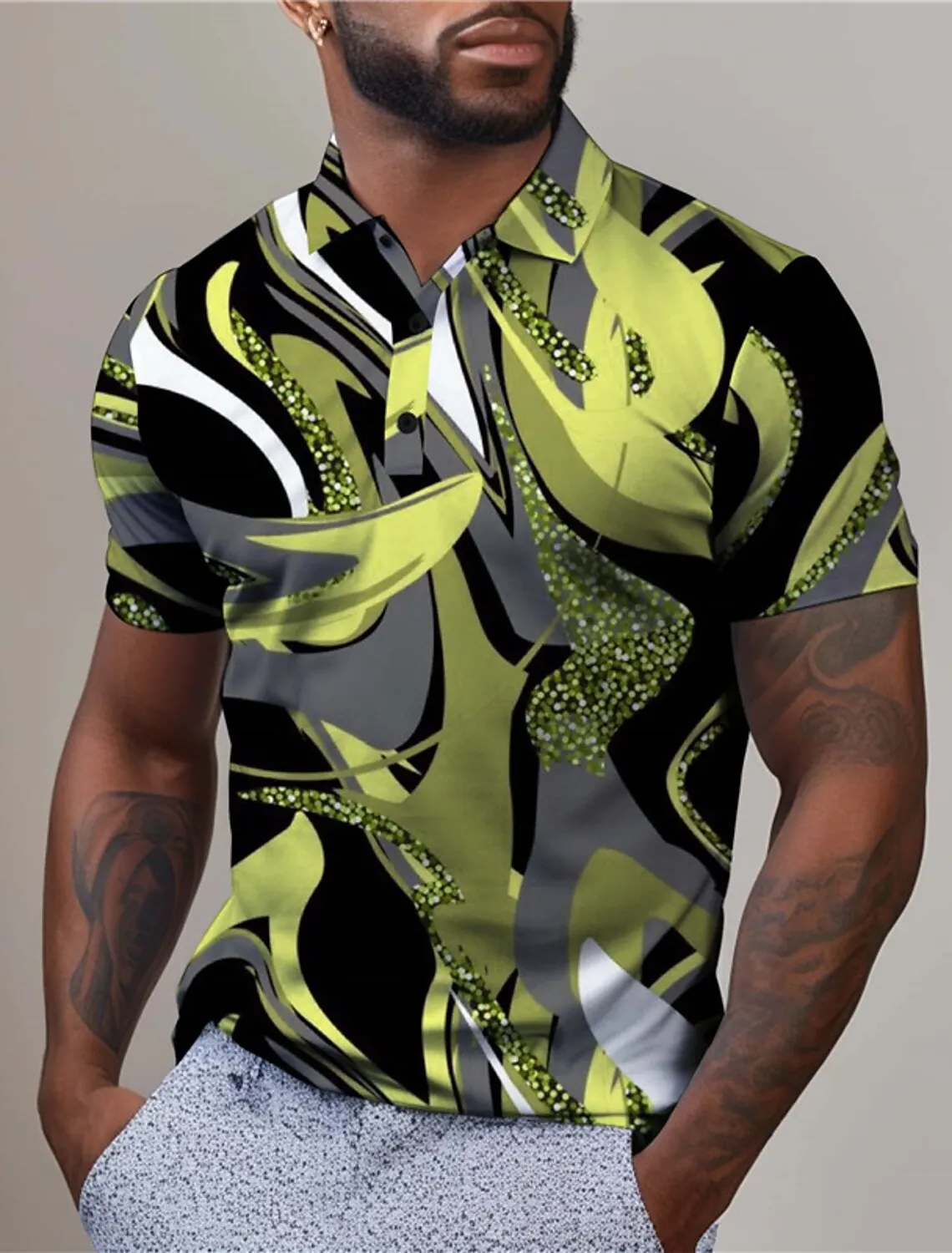 Color Block Geometry Men's Abstract Print 3D Golf Polo Shirt Polyester Short Sleeve Turndown Polo Shirts Mesh Fabric Lapel Polo