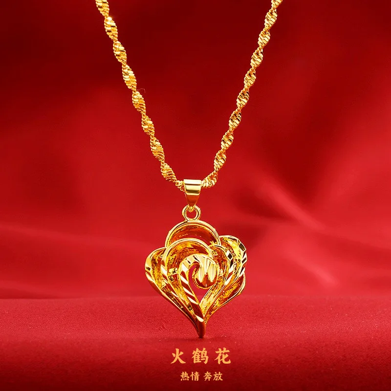 

AU999 Gold Necklace Pendant Retro Love Rose Carved 24K Pure Gold Embossed Palace Style Clavicle Chain for Women