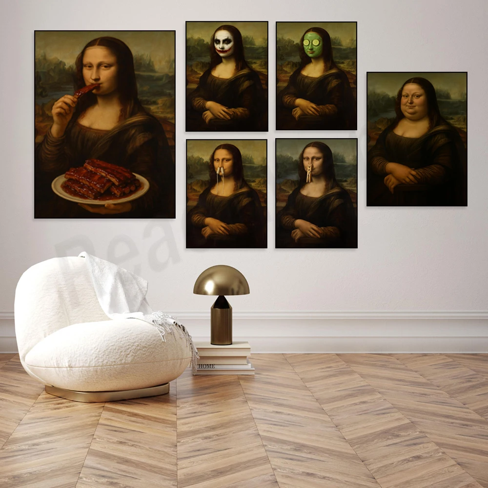 Fun Mona Lisa print, replica of Leonardo da Vinci art, Renaissance portrait, Halloween, classic poster, dark preppy decor