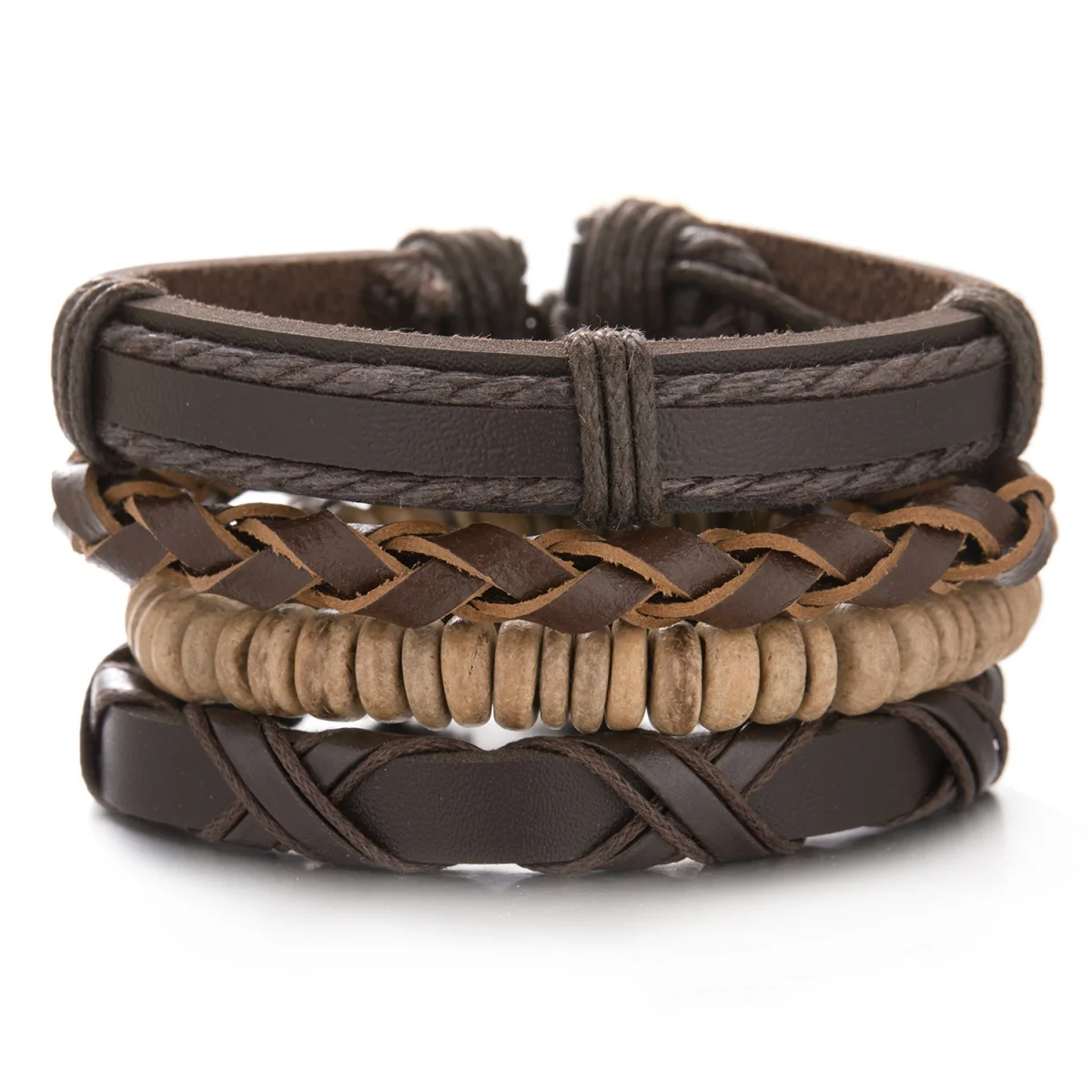 4Pcs/Set Retro Hand-woven Wood Beads Leather Bracelets For Women Men Multilayer Brown Twist PU Leather Wrap Bangle Party Jewelry