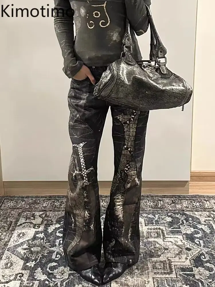 

Kimotimo Vintage Print Straight Jeans Women Y2k Grunge Spicy Girls Casual High Waisted Wide Leg Pants Harajuku Gothic Streetwear
