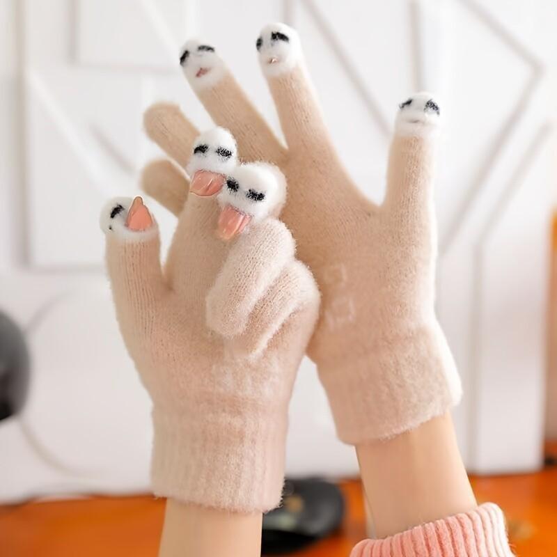  Women Cute Cartoon Touchscreen Winter Gloves, Warm Fleece Full Finger Gloves for Cold Weather 