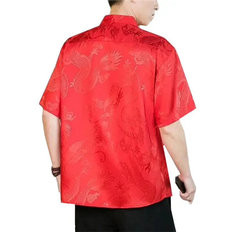 Summer New Male Chinese Style Standing Neck Short Sleeved Shirt Fashion Men Luxury Jacquard Dance Party Casual Top