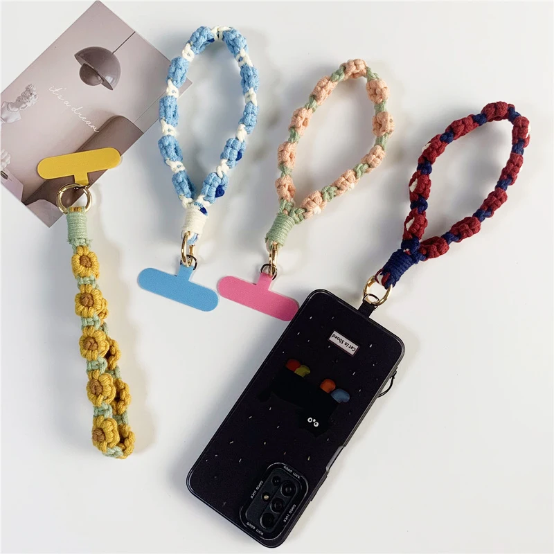 Hand Weave Flowers Wrist Lanyard For Mobile Phone Wristlet Keychain Hanging Strap Keyring Floral Daisy Floral Phone Rope