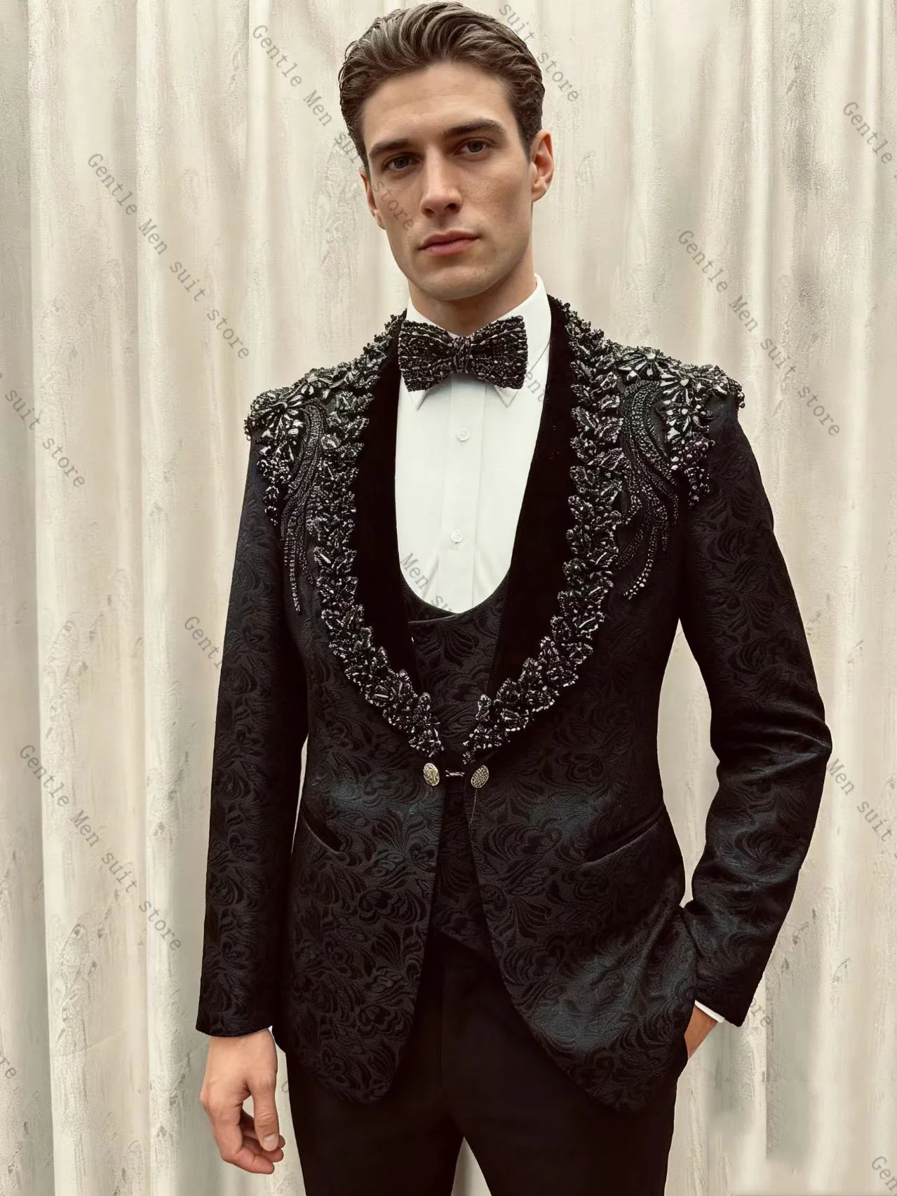 

Luxury Stone Men Suit Set 2 Pcs Blazer+Pants Trousers Black Groom Wedding Tuxedo Formal Office Business Jacket Coat Customized