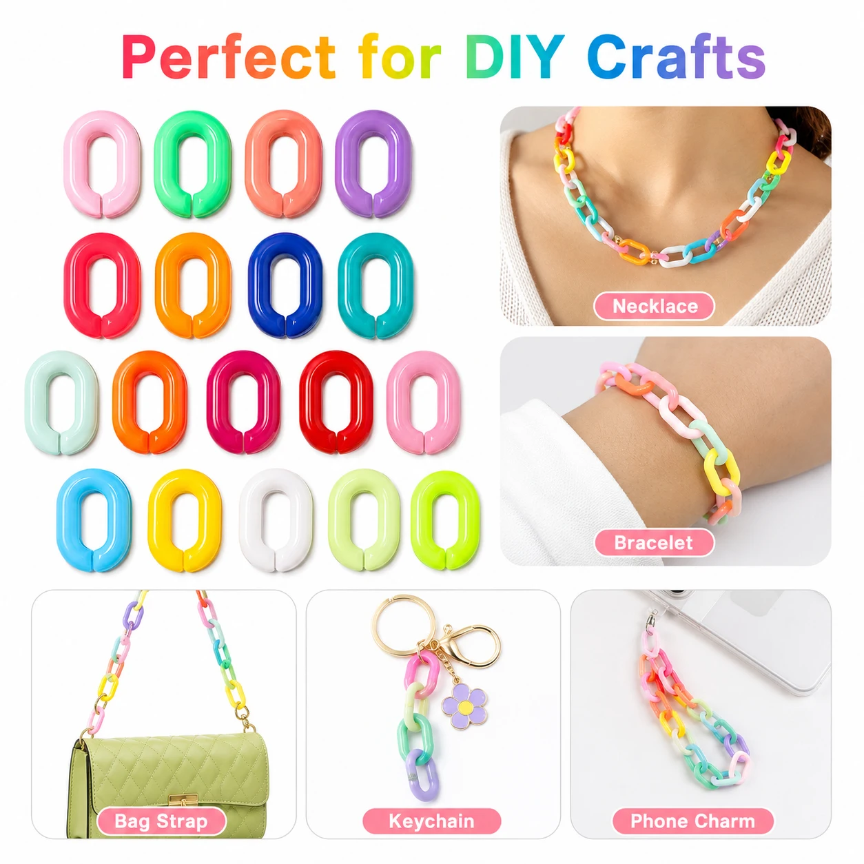 

25-200Pcs 12x18mm Handmade Acrylic Cable Chains, Colorful Plastic Links for DIY Jewelry, Bag Strap, Keychain, Craft Supplies
