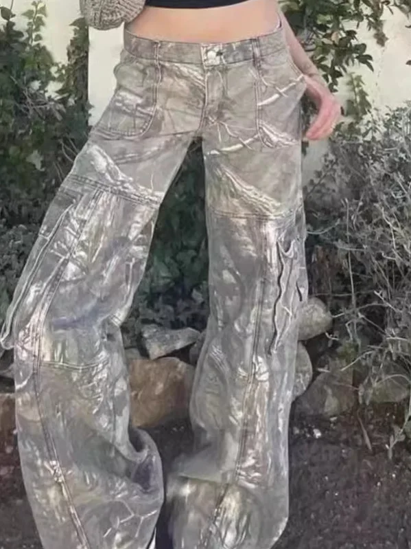 

Весенние модные камуфляжные широкие брюки-карго из денима с низкой посадкой для женщин, повседневные, стильные, брендовые