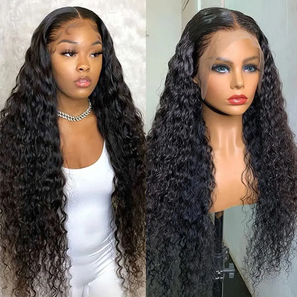 Perruque Lace Front Wig Deep Wave Brésilienne Remy Naturelle, Cheveux Humains, 13x4, Transparent, HD 26 30 Pouces, Densité 180, pour Femme