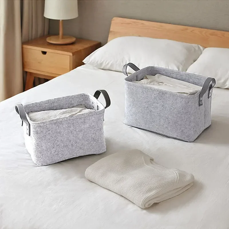 1pc Felt Storage Basket Handle Nordic Large Storage Box  Living Room Sundries Storage Baskets Folding Bedroom Cloth Organizer