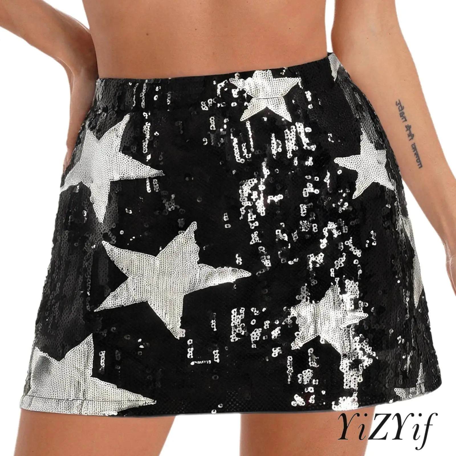 

Womens Galaxy Sparkle Pencil Skirt Elastic Waist Fully Lined Shimmering Star Pattern Miniskirt Rave Party Night Out Essential