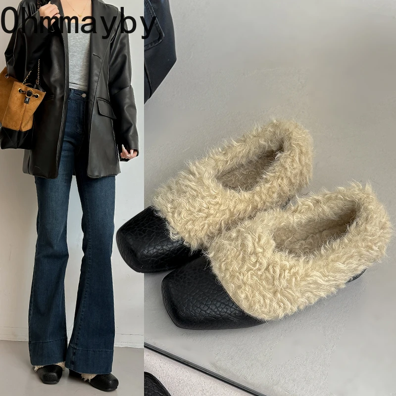 Autumn Slip On Fur Lining Women Loafer Comfort Square Toe Shallow Shoes Comfortable Female Winter Ballet Flats Shoes