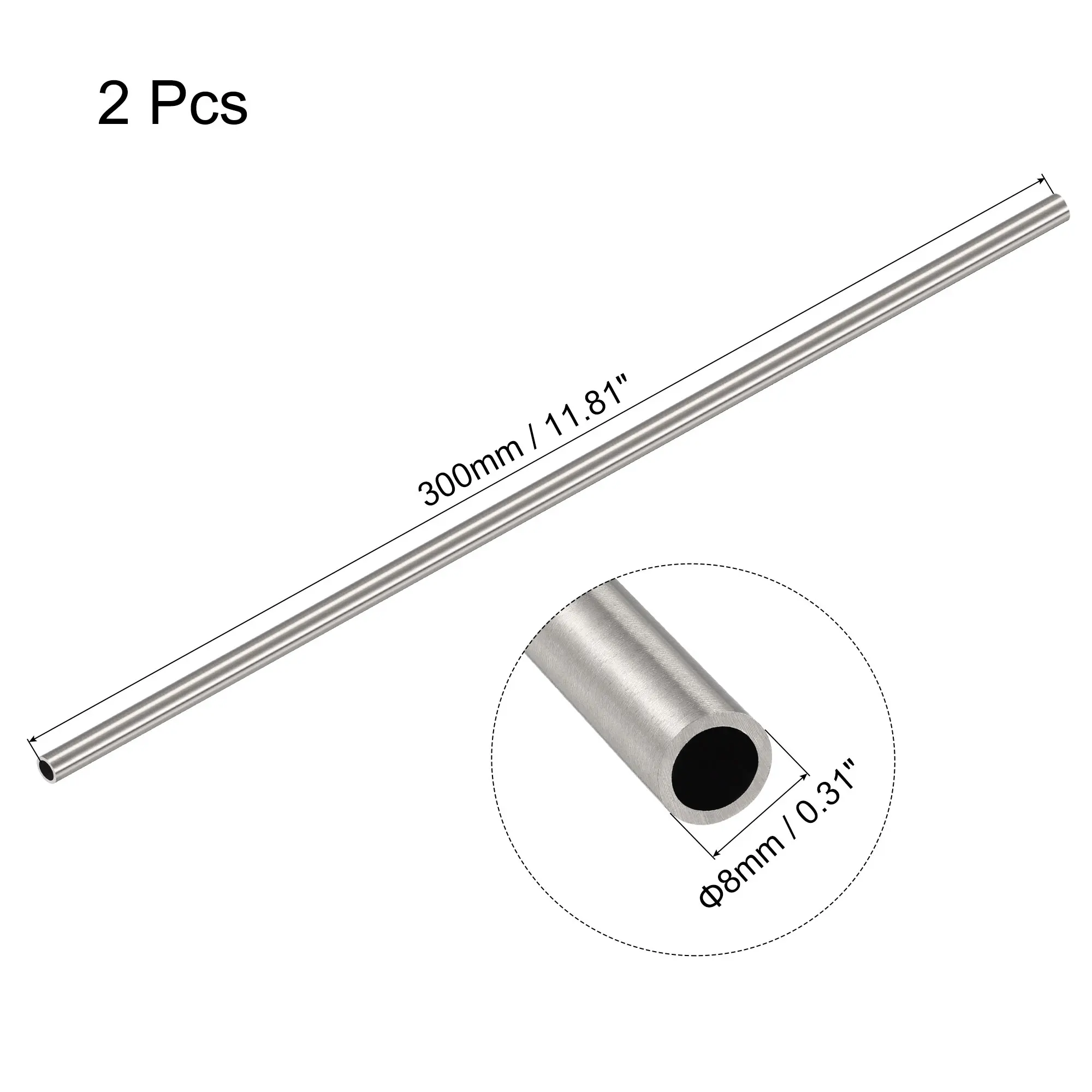 Uxcell 2Pcs 304 Stainless Steel Round Tube 8mm OD 1mm Wall Thickness 300mm Length