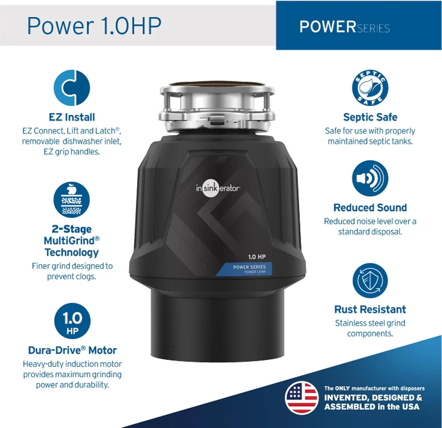 Power  , 1 HP Garbage Disposal, Power Series EZ Connect Continuous Feed Food Waste Disposer, Black